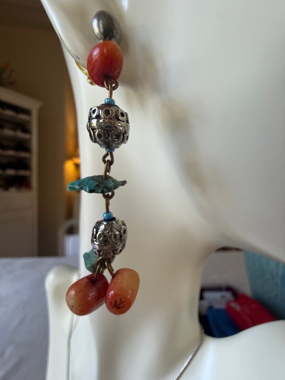 Handmade Turquoise & Coral Bead Dangle Earrings - Orange Turquoise